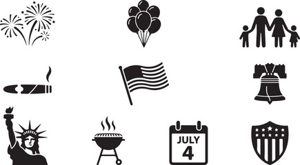 Fototapeta premium Patriotic and holiday-themed line icons featuring American symbols and festive elements for graphic design projects.