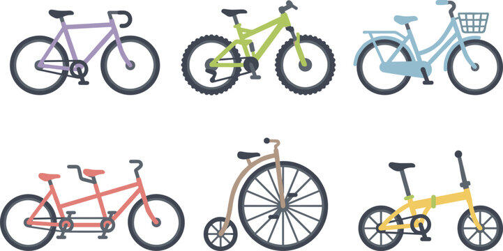 Various types of bicycle icons set, vector illustration of mountain bike, racing road bicycle, folding city bike, tandem and penny farthing