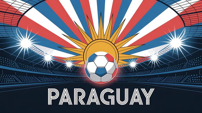 Paraguay Football Pride Vibrant vector illustration with a soccer ball, national colors, a radiant sun, and a grand stadium