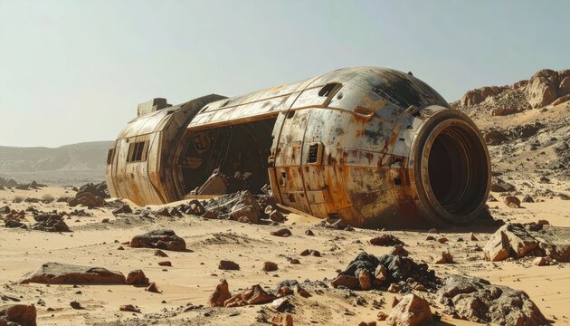 Decaying industrial spacecraft fuselage in rocky desert terrain.