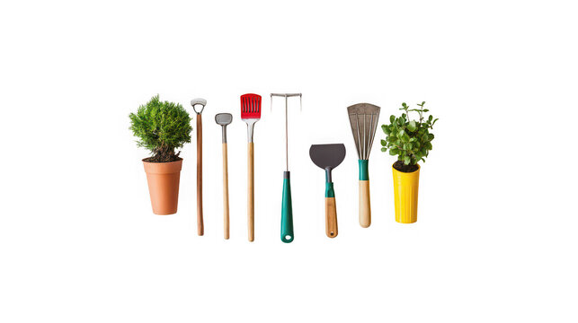 Gardening tools and plants arranged on a white background for easy identification and selection
