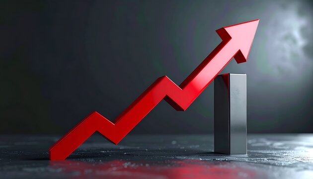 Red arrow rises above a gray bar. Bold upward trend suggests growth or progress