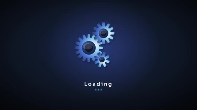 Blue gears loading screen animation with three interlocking rotating cogs on dark background