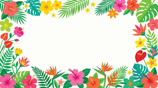 Vibrant and colorful tropical flowers with lush green leaves forming a beautiful summer frame, perfect for exotic holiday designs and refreshing vacation themes