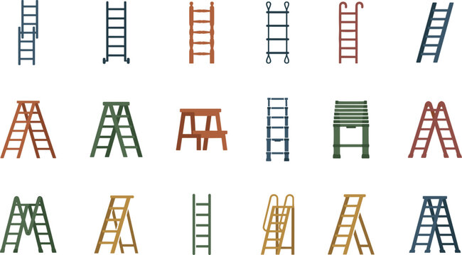 Industrial ladders and stepladders flat vector icons set safety extension climbing equipment isolated on white background