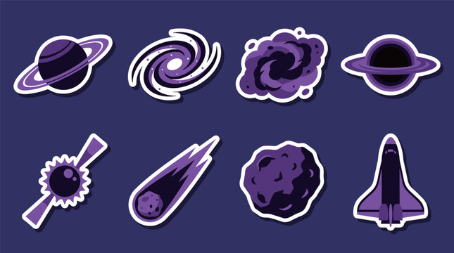 Cute deep space sticker icons collection with purple planet galaxy black hole pulsar comet asteroid and space shuttle