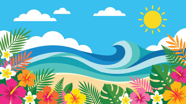 Vibrant tropical beach scene illustration with blue ocean waves, sandy shore, exotic hibiscus flowers, lush green palm leaves, and bright sunny sky, evoking a perfect summer holiday paradise