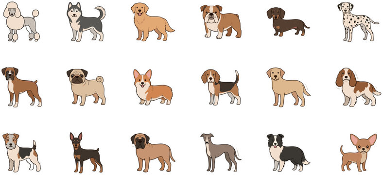 Popular domestic dog breeds collection flat cartoon icons vector illustration with poodle husky retriever bulldog corgi