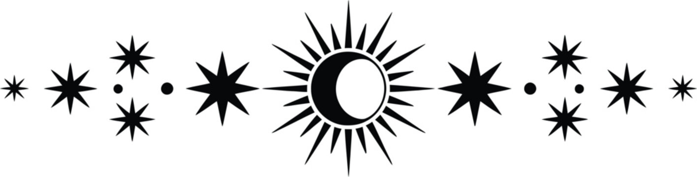 Magic Border with celestial stars, sun and moon, astrology fantasy ornament, mystic spiritual symbols, and elegant astral decorative elements, vector