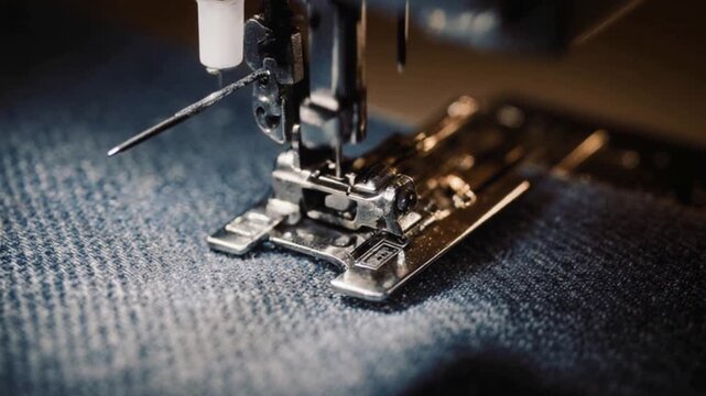 Close up of Sewing denim, sewing machine close up, sewing machine, sewing machine closeup