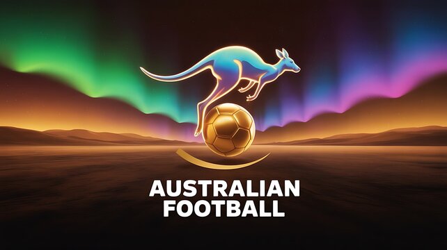 Dynamic golden kangaroo emblem for Australian football with vibrant aurora sky, symbolizing national pride and athletic prowess