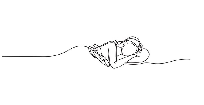 Animated self drawing of Woman sleeping on pillow bed continuous one line drawing. Sleeping woman in single line art Video. new model video art line, 4k HD