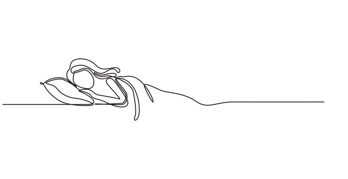 Animated self drawing of Woman sleeping on pillow bed continuous one line drawing. Sleeping woman in single line art Video. new model video art line, 4k HD
