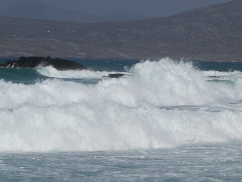 Waves crashing on Traigh Mor beach, Isle of Harris, Outer Hebrides on a sunny Spring day