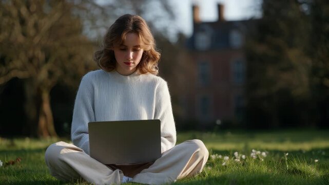 Young Woman Working on Laptop Outdoors in Golden Hour Sunlight