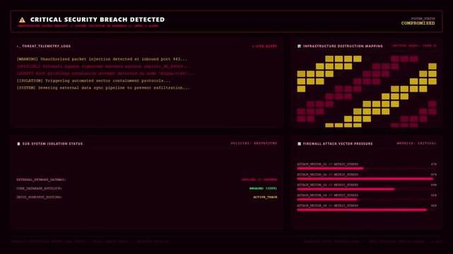 Futuristic Cyber Security Breach Hacker Terminal Screen Red Alert.