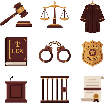 Law and justice system authority equipment vector icons set with judge gavel, scales of justice, handcuffs, and police badge