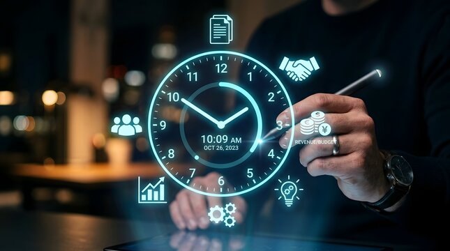 Business time management and scheduling concept with digital clock interface and hand holding pen in modern office