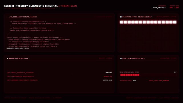 Futuristic Cyber Security System Diagnostic Terminal Red Screen.