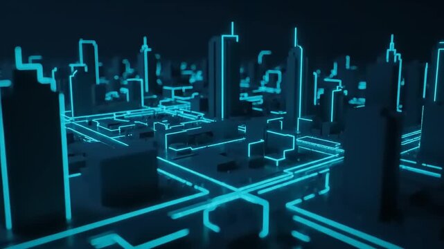 A futuristic cityscape at night showcases a vibrant network of illuminated roads and buildings with a dark background