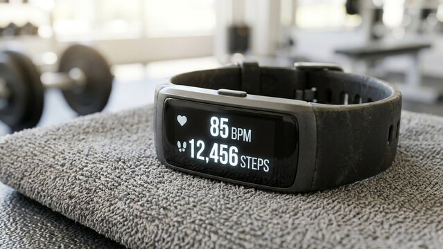 Digital Fitness Tracker Watch Showing Heart Rate and Step Count on Screen