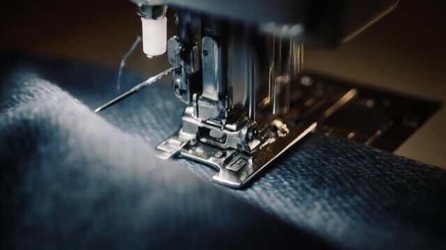 Close up of Sewing denim, sewing machine close up, sewing machine, sewing machine closeup