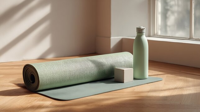Minimalist fitness setup with blue yoga mat and reusable drinking bottle in bright room