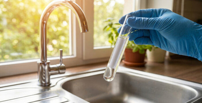 Blue gloved hand holding test tube with water sample near kitchen sink, water quality analysis research photorealistic studio