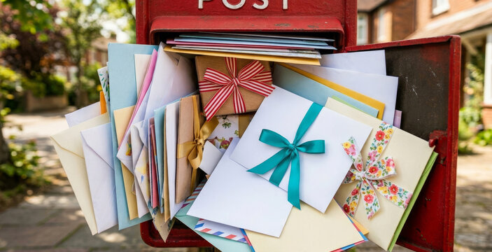 Open red british postbox overflowing with colorful letters envelopes and gift boxes, postal correspondence concept photorealistic banner