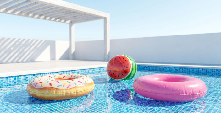 Inflatable donut pool floats and watermelon ball in blue swimming pool, summer vacation relaxation concept photorealistic banner