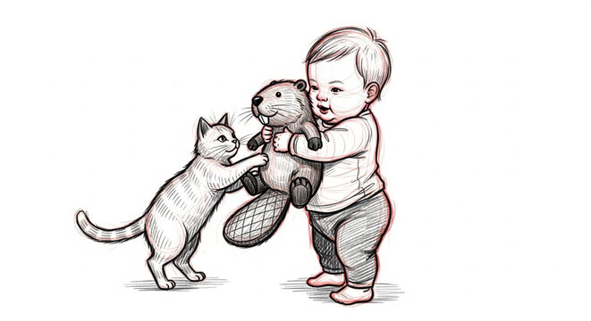 Toddler playing with cat and stuffed toy indoors.