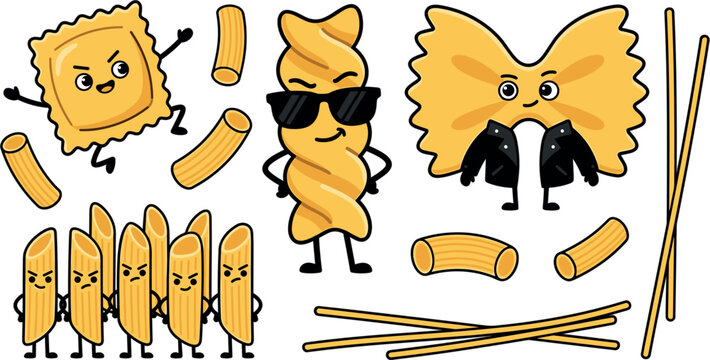 Cute kawaii italian pasta characters set featuring funny cartoon ravioli fusilli farfalle and penne mascots on white