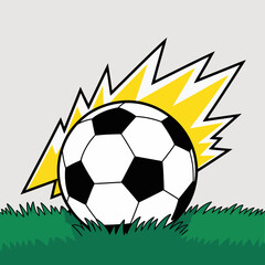 Fototapeta premium Dynamic soccer ball on green grass with a yellow comic style impact burst effect representing power and speed vector illustration