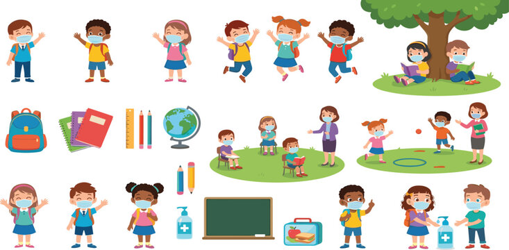 Cute cartoon children wearing medical protective face masks during school class lessons vector illustration