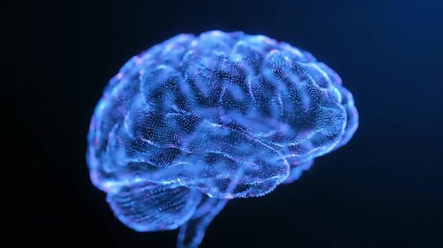 A glowing blue brain is prominently displayed against a dark background