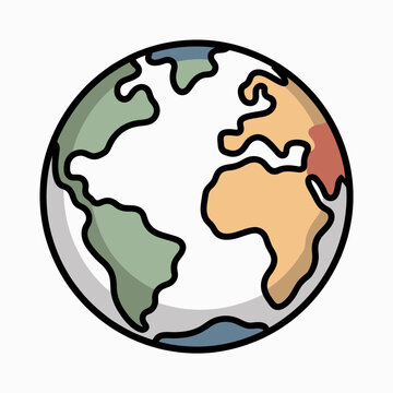 Stylized colorful globe illustration showing simplified continents and oceans with bold black outlines on a white background for global concept design