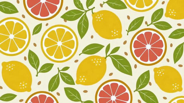 Seamless pattern with exquisite citrus lemon and orange slices on warm cream background