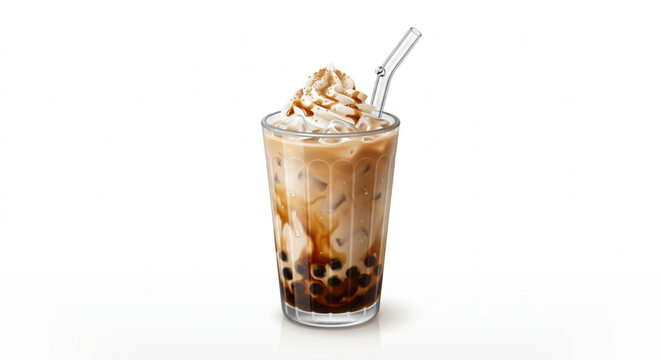 Iced coffee milk vector illustration, iced latte with brown sugar, refreshing summer drink.