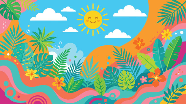 Vibrant Tropical Summer Landscape Illustration with Smiling Sun and Lush Exotic Foliage, Perfect for Joyful Vacation Backgrounds, Banners, and Creative Designs