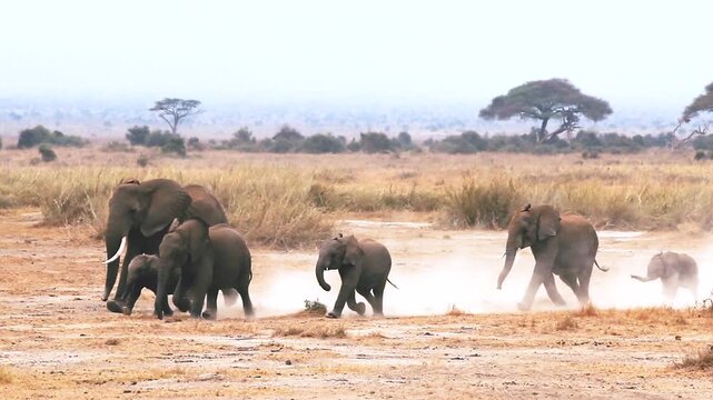 African elephant herd with calves running across dry dusty savanna grassland