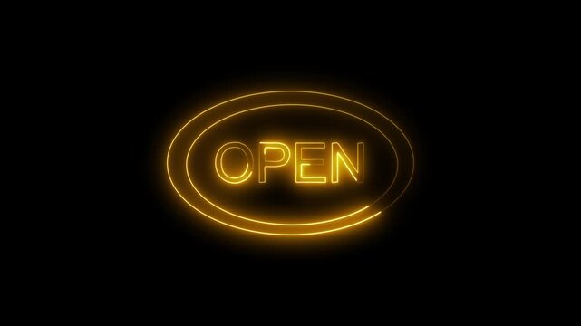 Neon open sign. Neon open now Animated, 4K Video motion Animation, Golden glowing open sign illuminated on black background