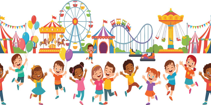 Happy cartoon children jumping with joy at a summer carnival amusement park vector illustration