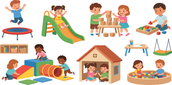 Happy cartoon children playing inside a preschool nursery playroom and outdoor playground vector illustration