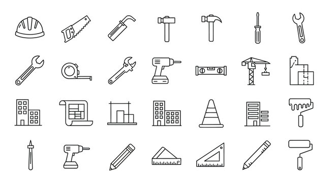 Construction Tools Line Icons Set Black Strokes On White Background