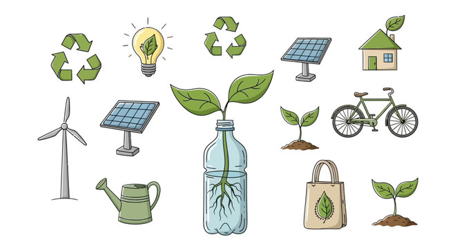Eco Friendly Lifestyle Icons Set with Sustainable Energy and Recycling Elements