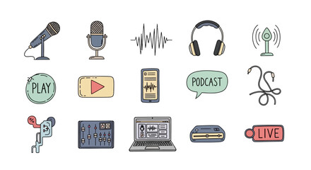 Fototapeta premium Hand Drawn Podcast and Audio Recording Icons Set