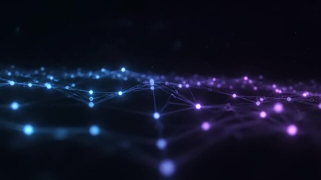 Futuristic network connections form vibrant blue and purple patterns on a dark background