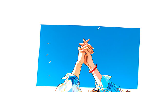 青空を背景に恋人同士が指を組んで手を合わせるイラスト。