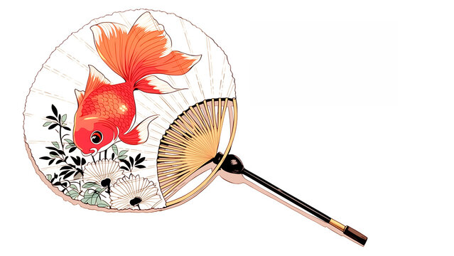赤い金魚が描かれた日本の伝統的な夏の竹うちわ。
