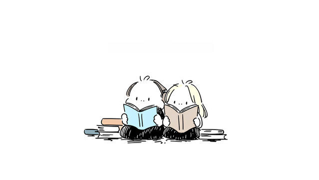 隣り合って夢中で本を読んでいる二人の子供のイラスト。